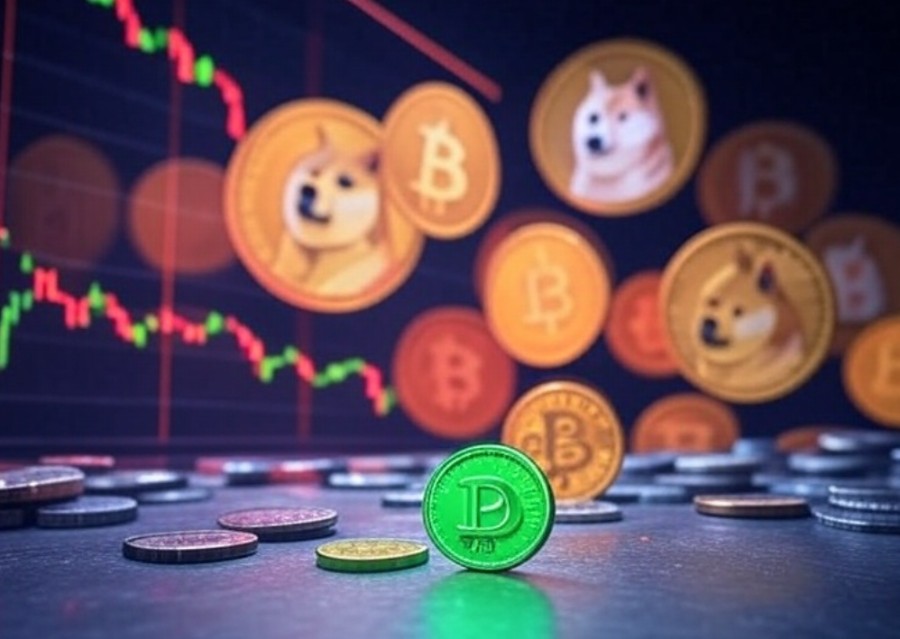 暗い背景に赤い下降チャートの線が走り、宙に浮かぶ複数の暗号通貨コイン。中央には緑色のPマークのコイン、その奥にはビットコインやDogecoinなどのコインが並んでいるCGイラスト。