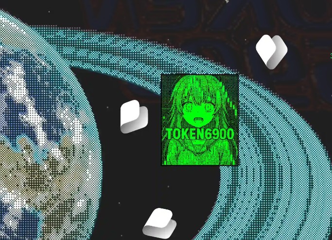 地球と青い輪を背景に、中央に緑色の四角いロゴが配置され、その中にアニメ風キャラクターと『TOKEN6900』の文字が描かれている。周囲には白い立方体が複数浮かんでいる。