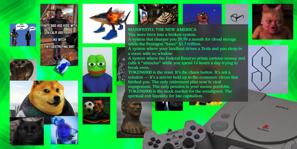 明るいネオングリーンを背景に、Doge、Pepe、プレイステーション、ミームキャラの画像やスクリーンショットがランダムに配置されたコラージュ形式のビジュアルで、「バイブ・リクイディティ」というミーム文化の文脈を象徴している構図