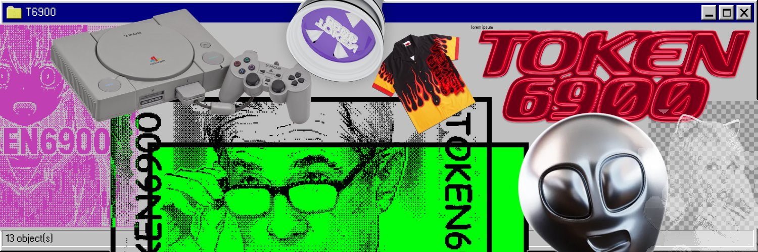 TOKEN6900を象徴するミームやポスター風ビジュアルが赤とピンクの背景にコラージュ状に並び、中央には拡大された目のグラフィックや旧型ゲーム機、左上にはロゴとトークン名、右上には「TOKEN 6900」の赤いロゴが強調された前衛的な構成