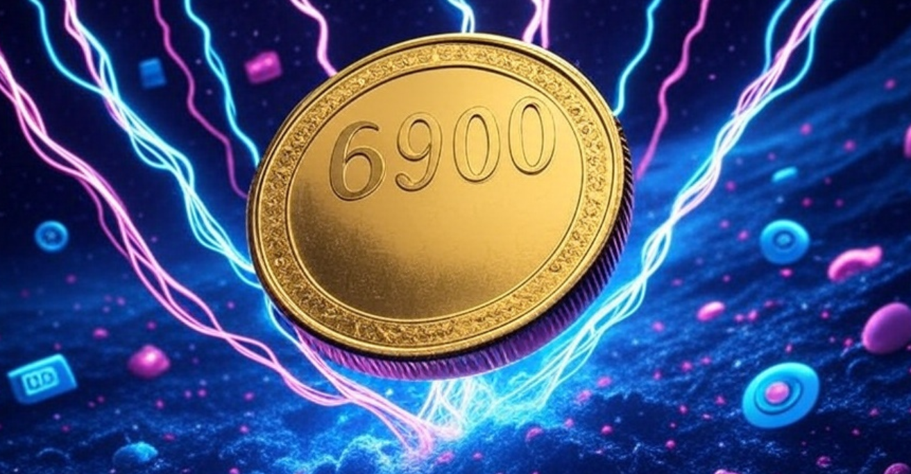 中央に立つ「6900」の金色トークンを囲むように、背景全体に電撃のような青と紫のエネルギーが走るサイバー風のイメージで、SPX6900などのミームコインとしての勢いやエンタメ性を強調するビジュアル