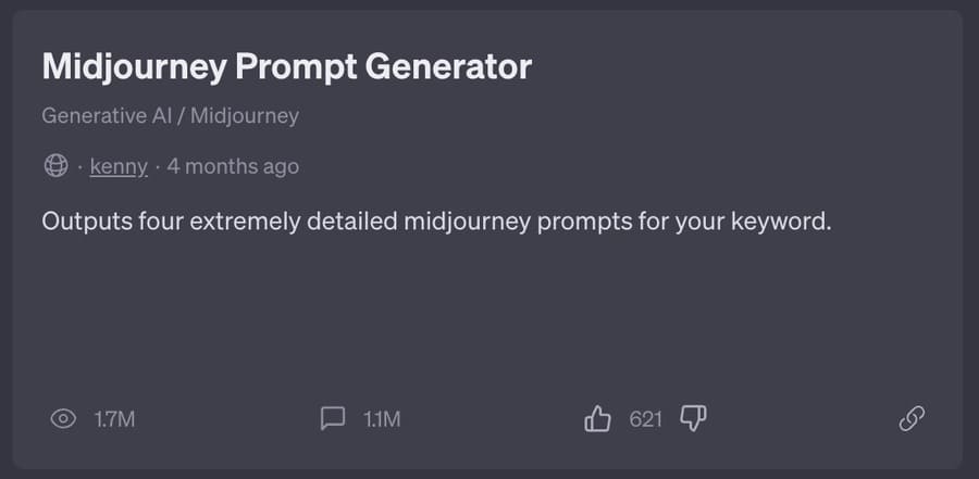 ChatGPTにアクセスして「Midjourney Prompt Generator」を選択