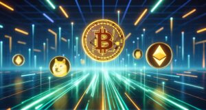 ビットコイン、イーサリアム、ドージコインなどの仮想通貨のコインが光のラインの上に浮かぶ近未来的なデジタル空間のイラスト。高速で流れる光が市場の勢いとテクノロジーを象徴している。