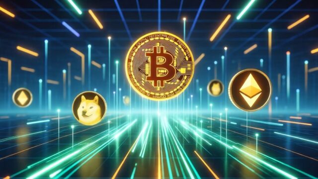 ビットコイン、イーサリアム、ドージコインなどの仮想通貨のコインが光のラインの上に浮かぶ近未来的なデジタル空間のイラスト。高速で流れる光が市場の勢いとテクノロジーを象徴している。