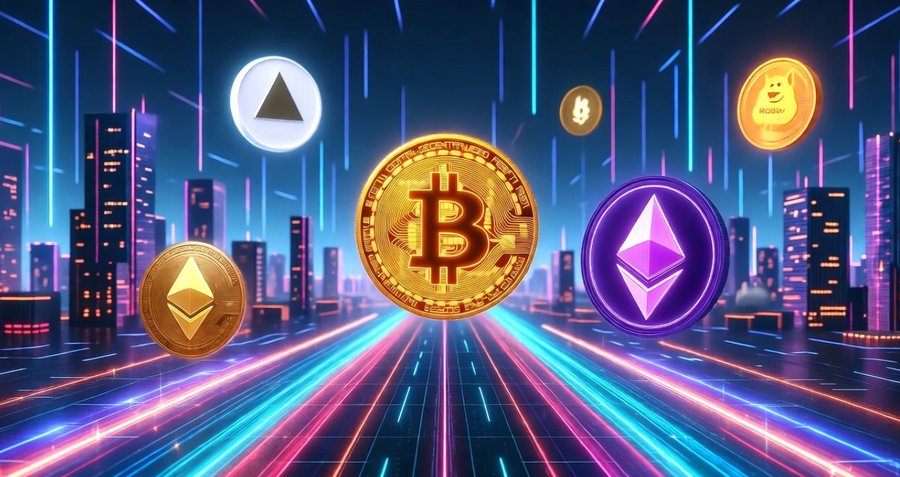 近未来的な夜の都市を背景に、ビットコイン、イーサリアム、リップルなど複数の仮想通貨コインが空中に浮かんで輝くデジタルアート。光のラインが都市の中心へ伸び、ブロックチェーン技術と未来的な投資の世界を象徴している。