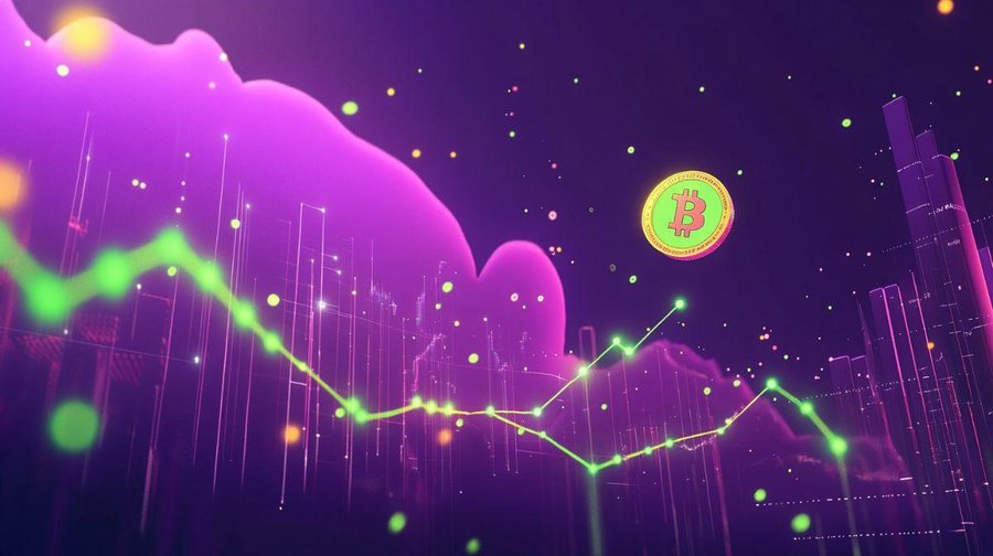 Altタグ「変動するミームコイン市場のダイナミックな情景。 鮮やかなライムグリーンの(上昇)曲線上でトランプコインのアイコンが高騰する一方で、薄紫色を帯びた規制の雲が不気味に迫っている」