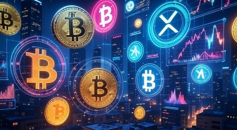都市の夜景を背景に、ビットコインやリップル、イーサリアムなどの仮想通貨アイコンが空中に浮かび、複数のチャート画面が未来的に重なって表示されている