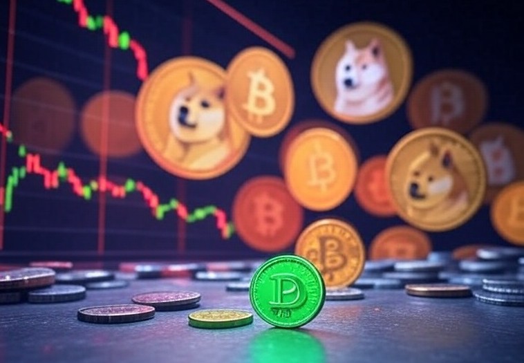 未来的な都市背景の中、中央に柴犬が立ち、その周囲にビットコインやイーサリアムなどのアイコンが描かれたカラフルなコインが散りばめられている。新しいミームコインの台頭を象徴するイメージ。