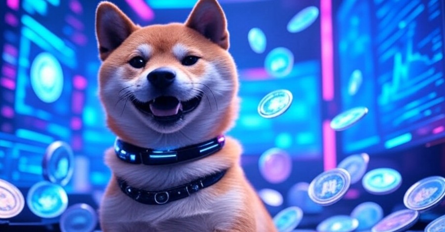 青い光の中、黒い首輪を付けた柴犬が正面を向いて座り、周囲には仮想通貨を象徴するコインが輝いている。次世代のミームコイン熱狂を示すイラスト。