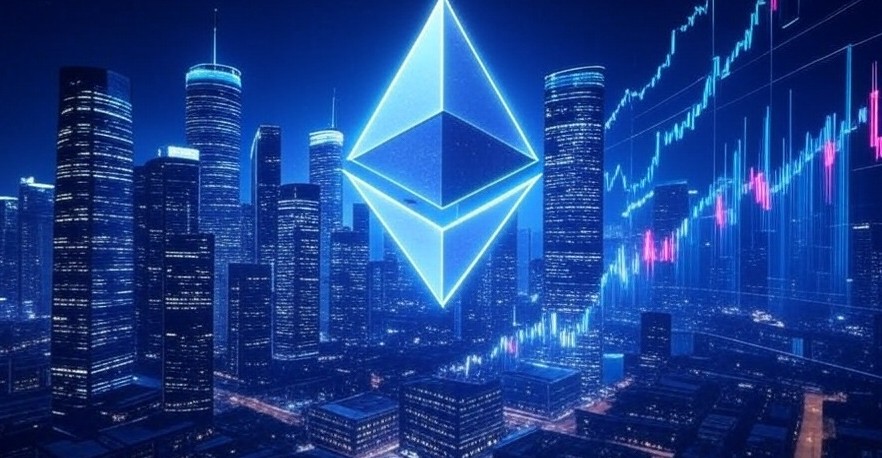 青い光の中、黒い首輪を付けた柴犬が正面を向いて座り、周囲には仮想通貨を象徴するコインが輝いている。次世代のミームコイン熱狂を示すイラスト。