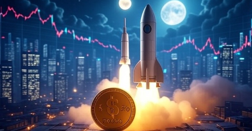 都市の夜景を背景にロケットが発射し、その手前に金色の仮想通貨コインが置かれている。背後にはピンク色のチャート線が描かれ、仮想通貨の急成長を象徴している。