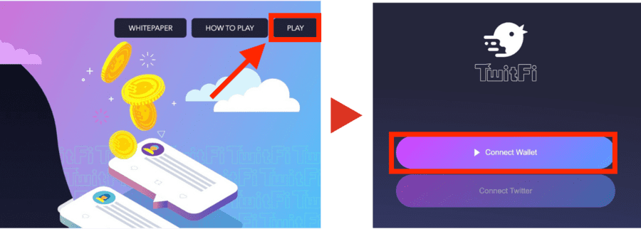 TwitFi公式サイトにアクセスして、画面右上の「PLAY」をクリックしたら「Connect Wallet」をクリック