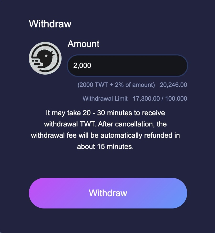 出金するTWTの数量を入力して「Withdraw」をクリック