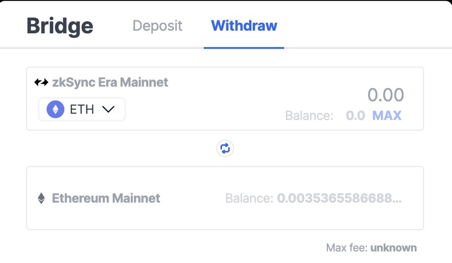 ZK SYNC Era Brigeページにアクセスして、イーサリアムチェーンにブリッジ