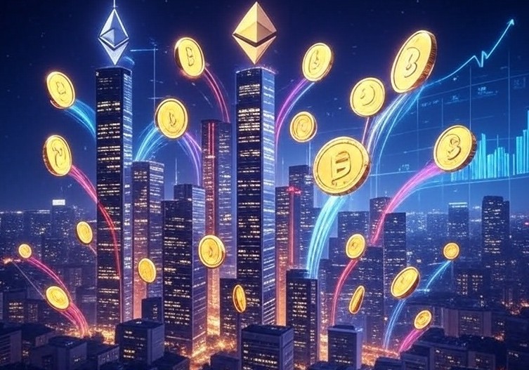 高層ビルが立ち並ぶ夜の都市を背景に、ビットコインをはじめとする多数の仮想通貨コインが空中に舞っているイメージ画像
