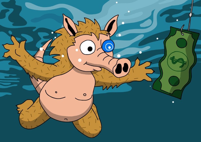 ブタのようなキャラクターが水の中でもがいており、目の前にドル紙幣が吊るされているイラスト。Snorter Botの特徴を表現したユーモラスな画像