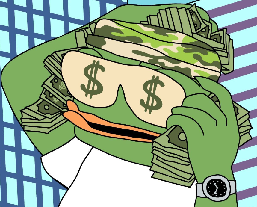 札束を頭にかぶり、目がドルマークになったキャラクターのイラスト。仮想通貨ミームコイン『Wall Street Pepe』の投資熱と価格上昇への期待を象徴しているコミカルな構図。