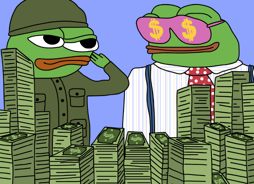 スーツ姿のカエルのキャラクターがテーブル上の札束を前に笑顔で会話しているイラスト。ドルマークのサングラスをかけ、仮想通貨『Wall Street Pepe』の価格上昇と投資熱をコミカルに表現している。