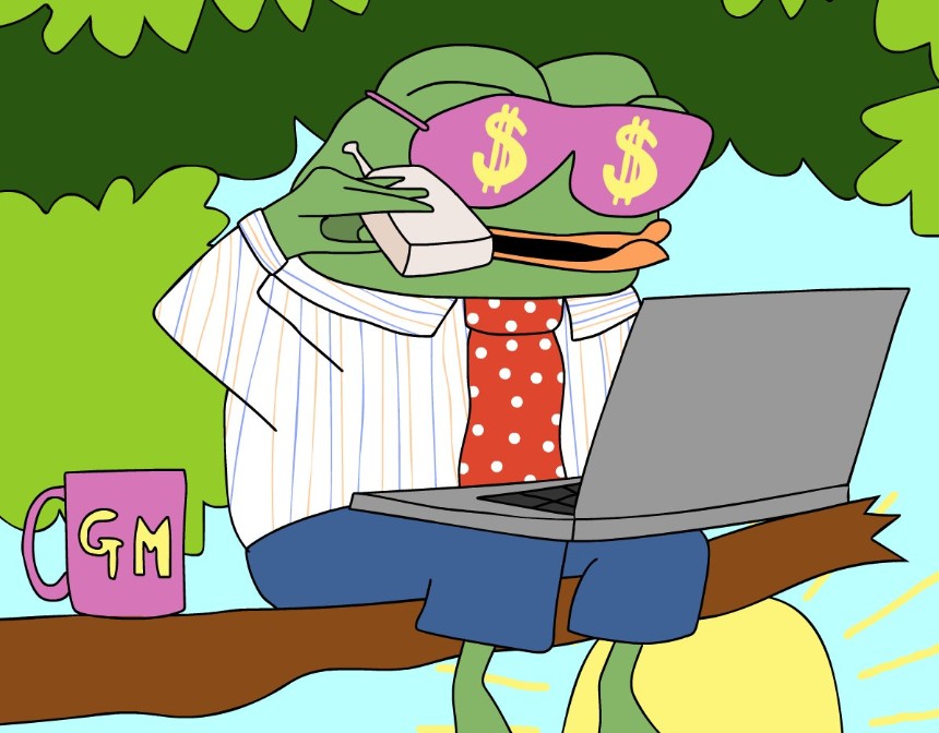 木の枝に座り、ノートパソコンを操作するカエルのミームキャラクター(Pepe)のイラスト。紫色のサングラスにドル記号が描かれており、白シャツに赤いネクタイを着けている。横には『GM』と書かれたマグカップが置かれている。