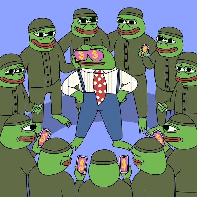 中央に立つスーツ姿のPepeが自信に満ちた表情を浮かべ、周囲を取り囲む軍服姿のPepeたちが拍手や応援の態度を取っている場面。